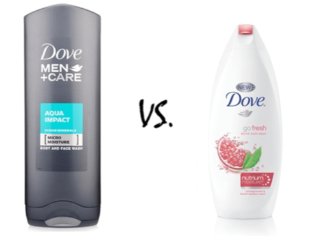 An image of Dove Men's vs Dove Women's shower gel.
